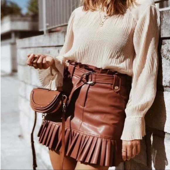 Zara Dresses & Skirts - ZARA BROWN FAUX LEATHER SKIRT WITH BELT